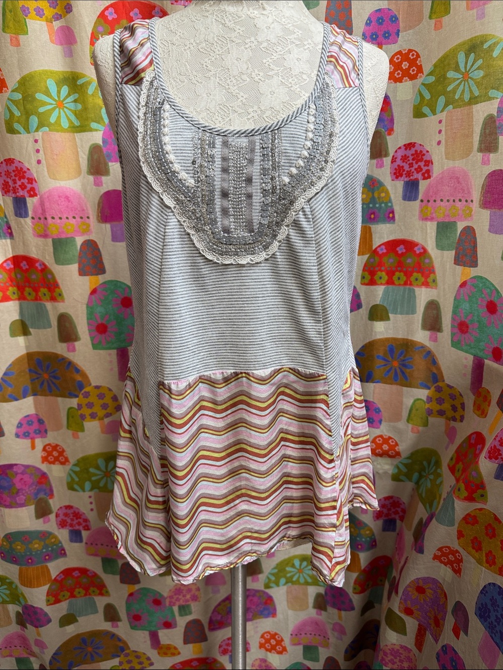 Common Thread Embellished Tank Top. Medium